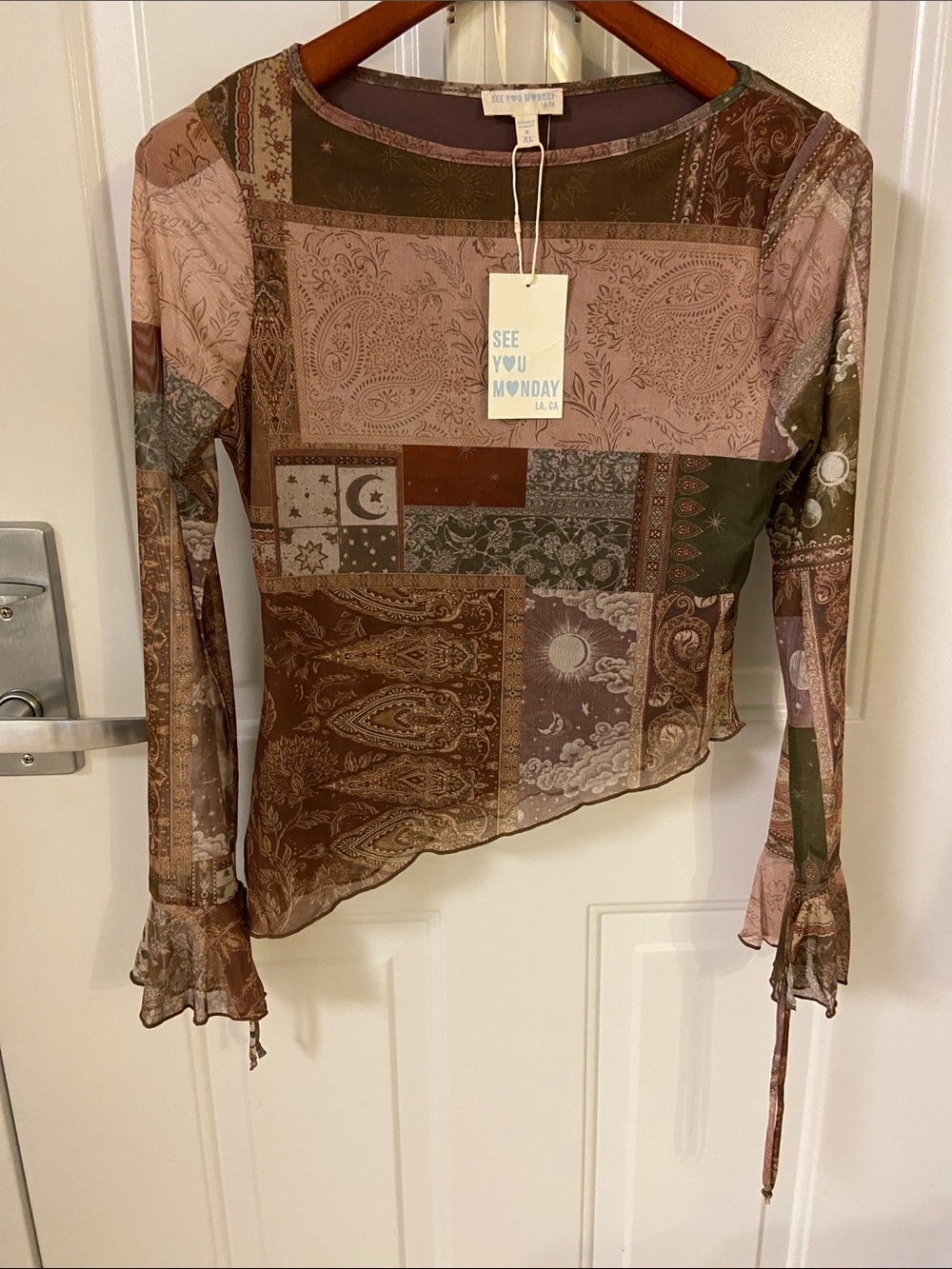 🤎Brown Paisley Patchwork Long-Sleeve Top Sheer Sleeves🤎